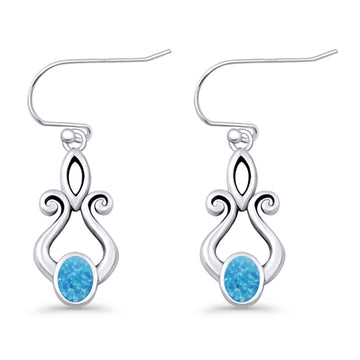 Oval Lab Created Blue Opal 22.6mm Scroll Fishhook Earring 925 Sterling Silver Wholesale